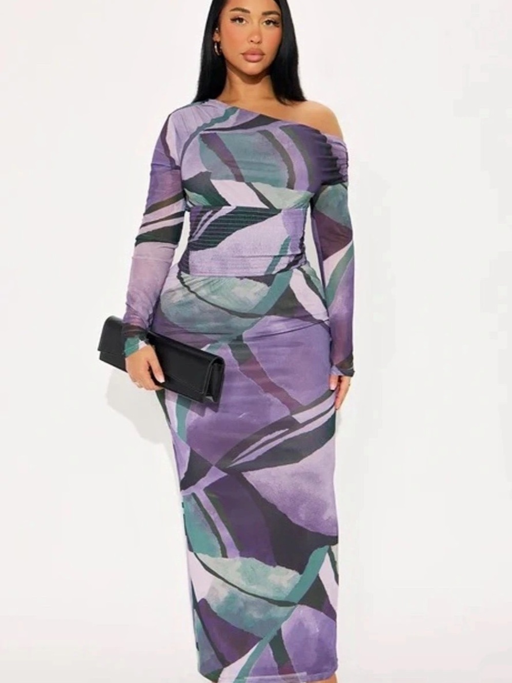 Fashion Nova Tammy Abstract Mesh Maxi Dress Purple & Green